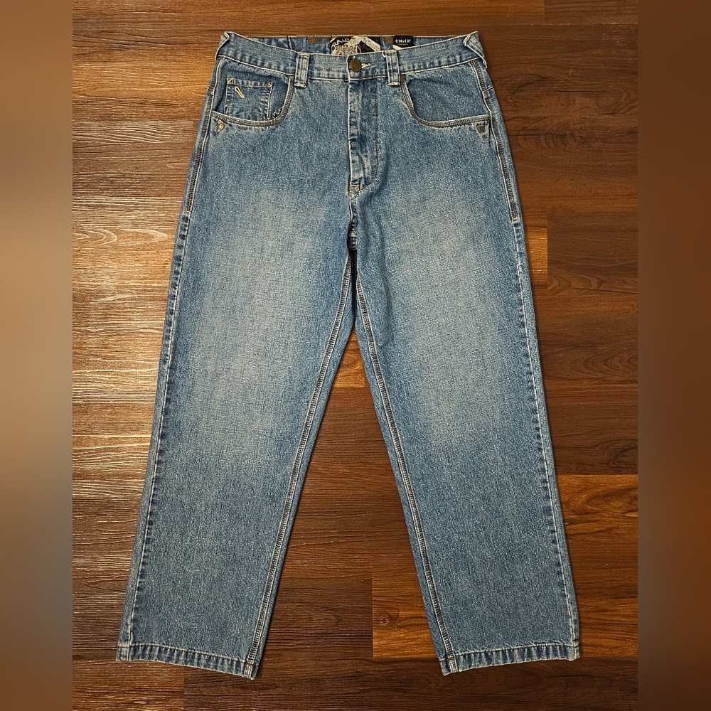 Vintage 1990's Y2K Raider Jean Co. Infamous Anonymous 34x30 Baggy Med Wash Blue